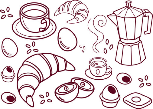 Hand drawn breakfast doodles set. Vector illustration of food and coffee icons in chalk, crayon drawing style for invitations, menus, parties. Minimalist line art. La dolce vita italian style.