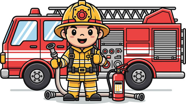 Cheerful Firefighter with Firetruck Cartoon Illustration Giving Thumbs Up on Duty, Ready for Action, Isolated on White, Ideal for Children's Education, Safety Awareness, Emergency Services, Kid-Friend