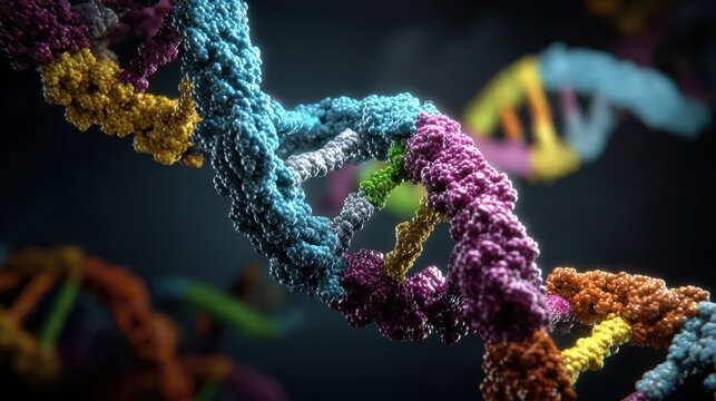 Abstract illustration of colorful DNA strands representing genetic structures, biotechnology, and molecular biology with a dark background