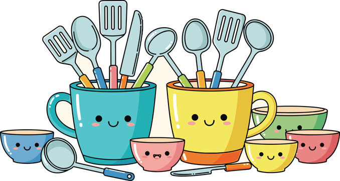 Cheerful Kitchen Utensils and Cookware Illustration Displayed in Blue and Yellow Mugs with Smiling Bowls, Perfect for Culinary Education, Recipe Websites, and Food Blog Design, Featuring Playful Carto