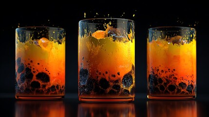 Three vibrant layered drinks with colorful boba pearls and frothy tops on a dark reflective surface