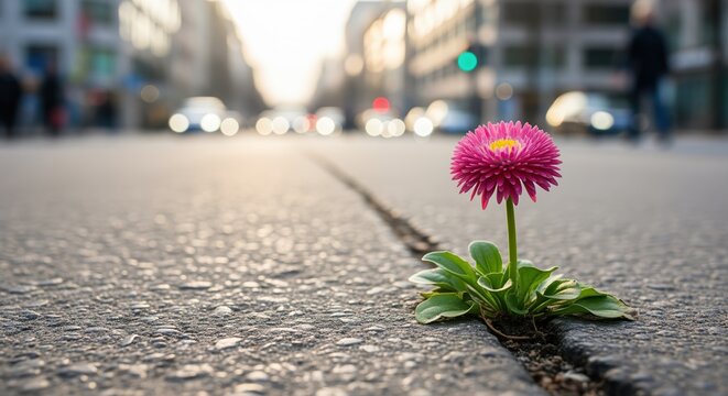 A bright pink daisy flower grows through a crack in urban pavement with blurred city street behind. Symbolizes hope, resilience, and nature's strength in harsh environments.