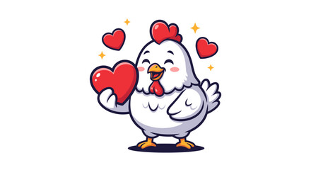 Charming Cartoon Chicken Holding a Heart with Sparkling Effects, Displaying Love and Affection on White Background for Valentines Day or Greeting Card Design, Ideal for Animal Lovers, Children's Illus