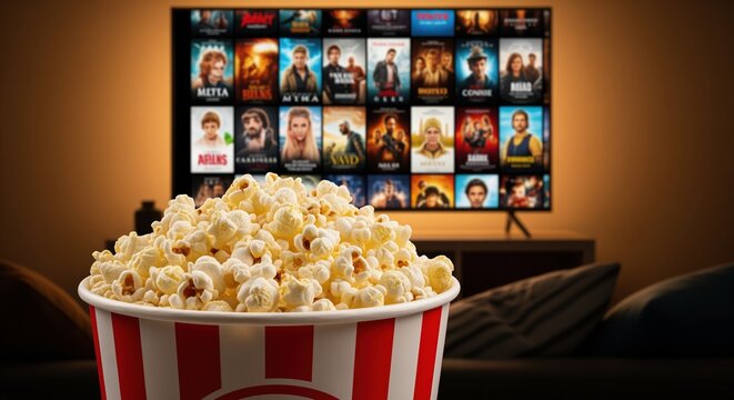 A large striped popcorn bucket sits in front of a television displaying movie options. Perfect for streaming service ads, movie night promotions, or home entertainment content.