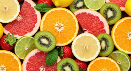 Fresh sliced citrus fruits and kiwis arranged together with strawberries and mint leaves. Bright oranges, lemons, limes, and grapefruits show juicy details. Perfect for healthy eating.