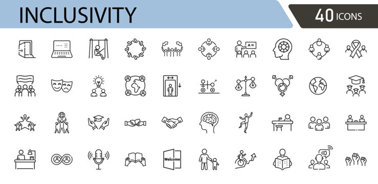 Inclusivity related icons set including diversity, equality, accessibility, teamwork, acceptance, unity, and community support. outline icons .