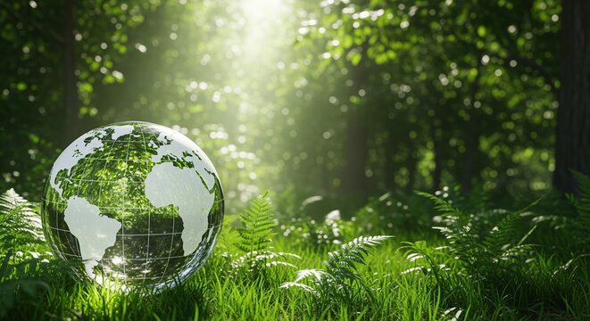 Glass globe resting on green grass in a lush forest with sunlight streaming through trees. Represents environmental protection, sustainability, and global ecology themes for Earth Day.