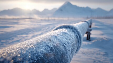 Frozen Pipeline in Snowy Landscape at Sunrise