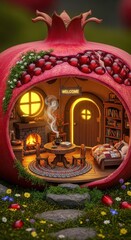 Obraz premium Whimsical dwelling carved inside a vibrant red fruit sits nestled in a lush garden setting