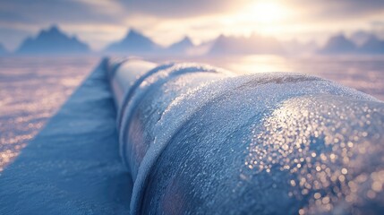 Frozen Pipeline in Snowy Landscape at Sunrise