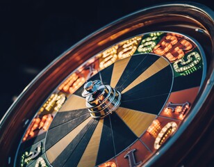 Naklejka premium Close-Up of Brightly Lit Roulette Wheel in Casino Setting at Night