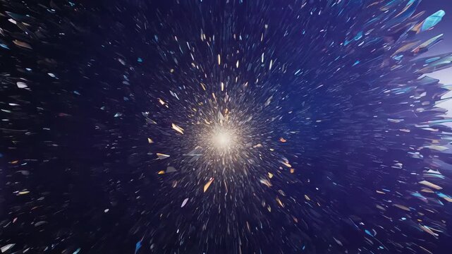 Bright light explodes outward from a core, piercing black fragments