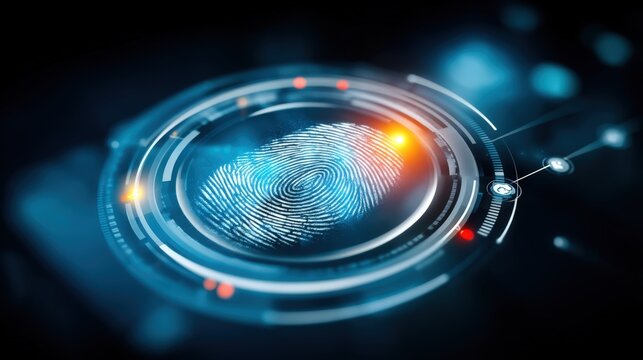 Digital fingerprint recognition technology cybersecurity lab infographic high-tech environment close-up view data protection concept
