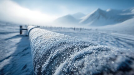 Frozen Pipeline in Snowy Landscape at Sunrise