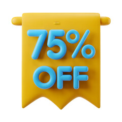 75 _ sale Off Banner 3d icon in cartoon plastic style minimal isolated on transparent white background, clipping path