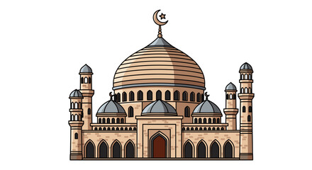 Detailed Mosque Architecture Illustration Showcasing Islamic Design Elements in a Daytime Setting, Ideal for Religious Observance Material, Cultural Presentations, and Architectural Studies, Modern St