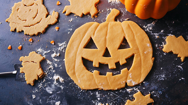 Making cookies for Halloween top view showing cutting shapes festive baking tools and seasonal creative preparation - Powered by Adobe