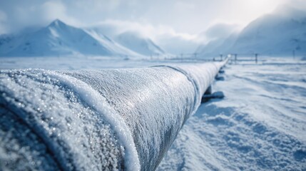 Frozen Pipeline in Snowy Landscape at Sunrise
