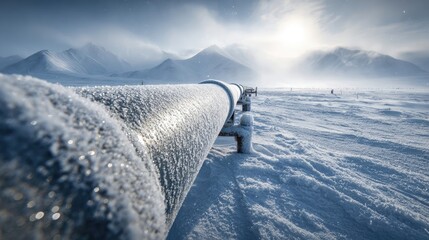 Frozen Pipeline in Snowy Landscape at Sunrise