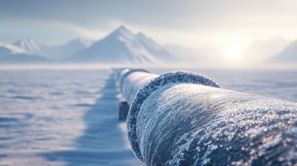 Frozen Pipeline in Snowy Landscape at Sunrise