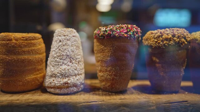 Various sweet Trdelnik street food close up.