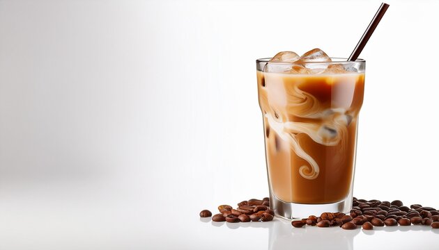 glass of iced coffee with milk swirl on clean white background