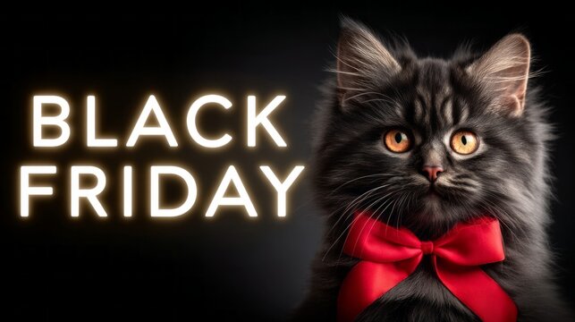 A black cat wearing a red bow tie with the words Black Friday written below it. Concept of holiday cheer and excitement for the upcoming shopping season