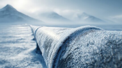 Frozen Pipeline in Snowy Landscape at Sunrise