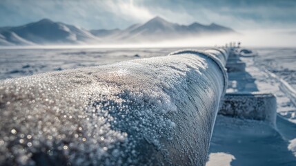 Frozen Pipeline in Snowy Landscape at Sunrise