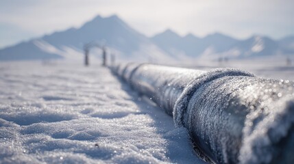 Frozen Pipeline in Snowy Landscape at Sunrise
