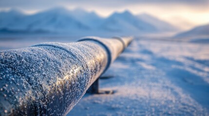 Frozen Pipeline in Snowy Landscape at Sunrise