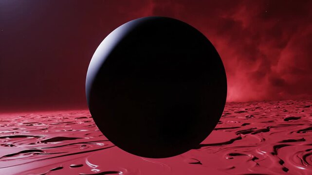 Abstract Dark Sphere Levitating Over a Red Liquid Surface in a Cosmic Nebula