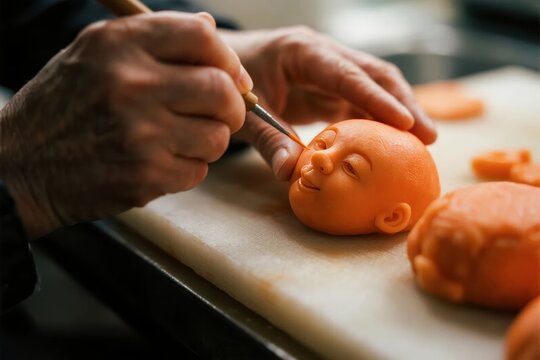 Artisan sculpting a small orange clay figure with fine tools on a work surface