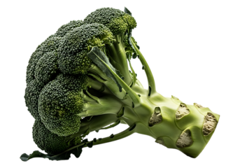 A fresh, vibrant head of raw broccoli floret and stem isolated on transparent background for healthy eating and cooking concepts