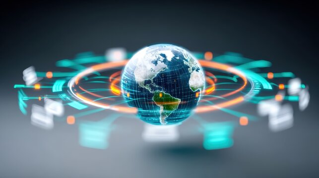 Global digital connectivity virtual environment graphic visualization modern technology futuristic perspective data-driven insights
