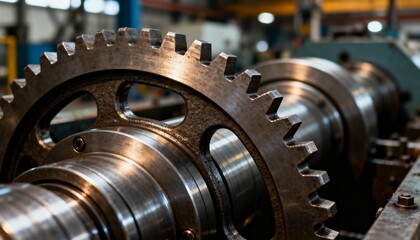 Close-up shot of heavy industrial gears and a metal shaft in a factory environment, showing wear and lubrication.