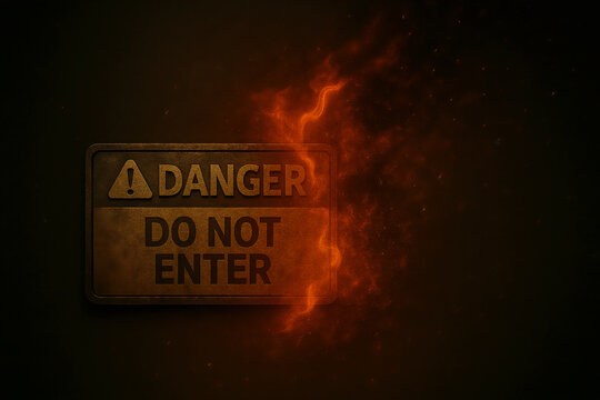 Danger “Do Not Enter” warning metal sign in fire — concept for safety, restricted area, and caution design themes
