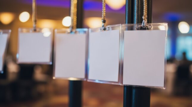 Collection of blank name badges hanging in conference area for attendees during event registration 
