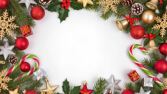Decorative Christmas border made of fir branches, baubles, candy canes, bells, and snowflakes arranged on white background. Holiday concept with copy space. Festive layout.