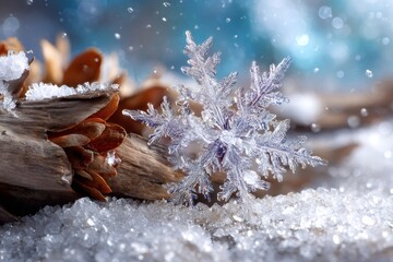 Snowflake resting on pine cone in winter landscape