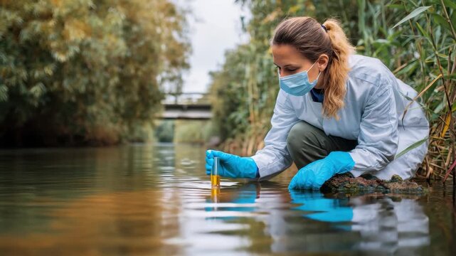 Woman scientist collects river water sample for environmental study while wearing protective gear in a natural setting