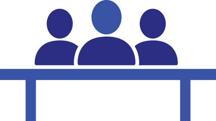 Three blue figures seated at a table in flat design group people