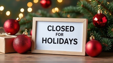 Festive sign with 'Closed for Holidays' message surrounded by ornaments and a gift, concept for holiday greetings, retail closures and seasonal announcements 