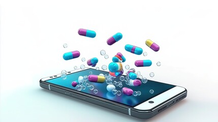 Animated video of colorful pills flying from smartphone screen on white background