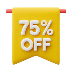 75 _ sale Off Banner 3d icon in cartoon plastic style minimal isolated on transparent white background, clipping path