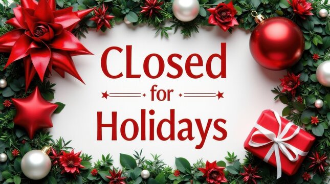 Festive sign with 'Closed for Holidays' message surrounded by ornaments and a gift, concept for holiday greetings, retail closures and seasonal announcements 