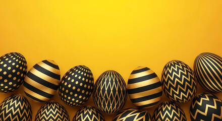 Eleven easter eggs with gold and black geometric patterns on a yellow background