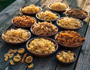 Fototapeta premium Assorted Types of Pasta in Various Bowls on Rustic Wooden Table