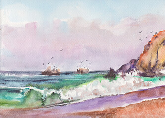 a flock of birds over the surf