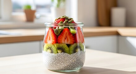 Enjoy a healthy and delicious chia seed pudding with fresh kiwi and strawberries for a vibrant breakfast treat